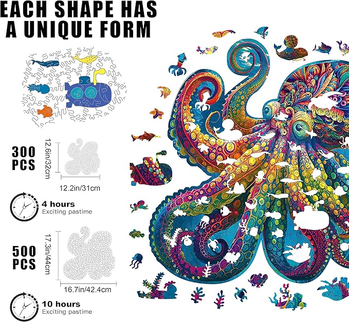 Mys Aurora Unique Wooden Jigsaw Puzzles - Agate Octopus 300 Pcs Medium Size 12.6'' x 12.2'' Luxurious Animal Shaped Wood Puzzle Beautiful Package Best Gift for Adults