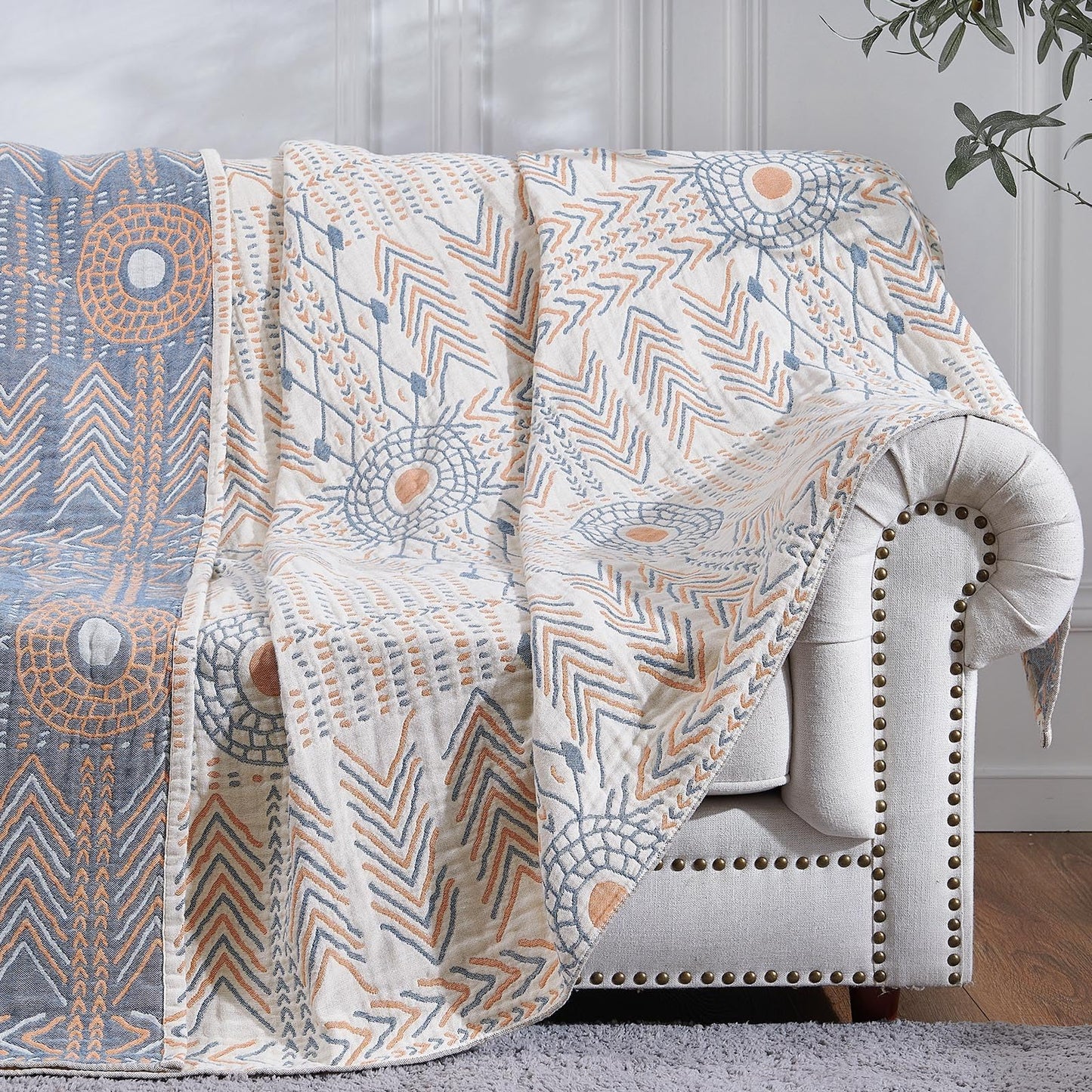 jinchan Boho 100% Cotton Muslin 50x60 Throw Blanket Lightweight 4-Layer Orange Multi Reversible Blanket Washable Breathable Decorative Geometric Striped Pattern Soft Comfy for Couch Bed All Seasons