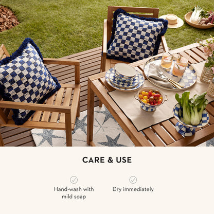 MACKENZIE-CHILDS Enamel Round Tray, Unique Serving Platter for Food and Drinks, Blue-and-White Royal Check