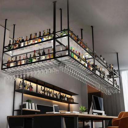 47.2IN Ceiling Wine Glass Rack with light, Acrylic Hanging Wine Rack with Glass Holder and Transparent Shelves, Wine Bottle Holder Goblet Stemware Racks Modern Home Bar Coffee Decor Rack(120CM)
