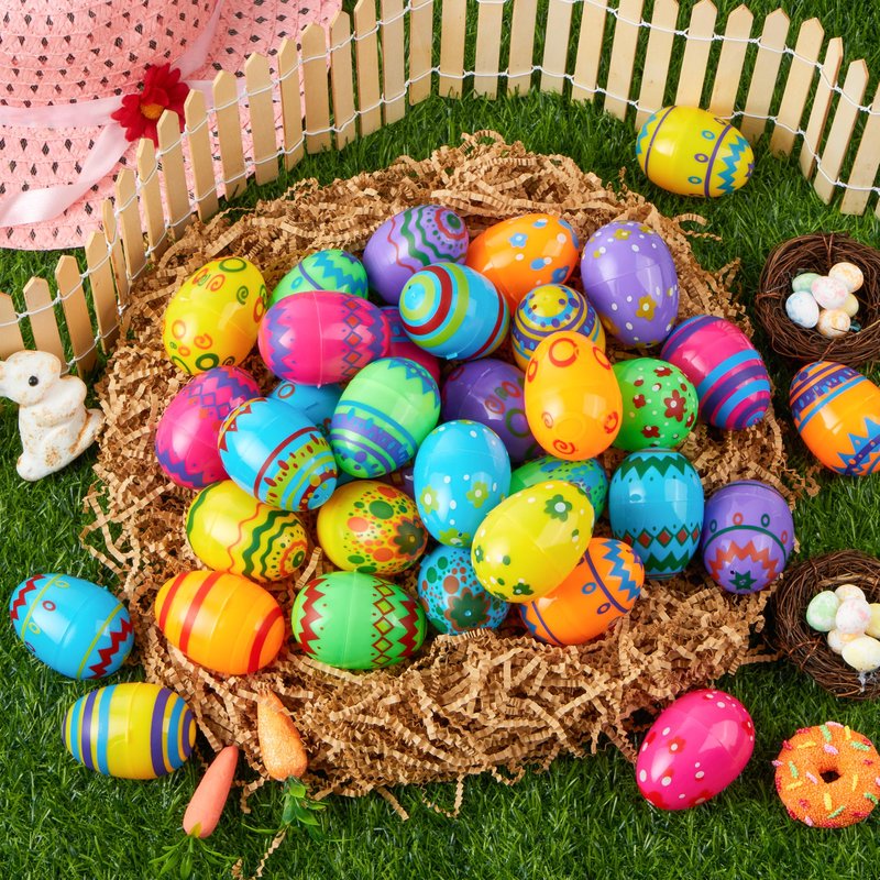 JOYIN 36PCS 2.3" Printed Empty Colorful Plastic Eggs Fillable, Bright Plastic Eggs Bulks for Festival Hunt, Filling Treats, Party Favor, Basket Stuffers, Classroom Prize Supplies