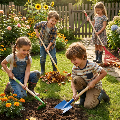 4-Piece Garden Tool Set with Shovel, Rake, Hoe, Leaf Rake - 2 Pairs of Gloves & 2 Storage Bags, Wooden Gardening Tools for Yard & Lawn Care