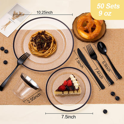 Beststar 350PCS Black and Clear Plastic Dinnerware Sets for 50 Guests, Include 100 Black Disposable Plates, 100 Forks, 50 Knives, 50 Spoons, 50 Cups,Halloween