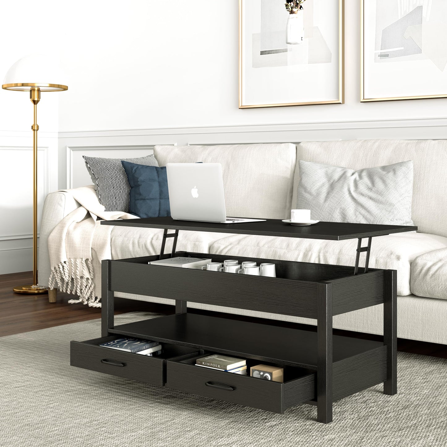 Panana Coffee Table, Lift Top Coffee Table with Hidden Compartment, 2 Drawers and 1 Open Shelf, Retro Central Wooden Table Lift Tabletop for Living Room (Black)