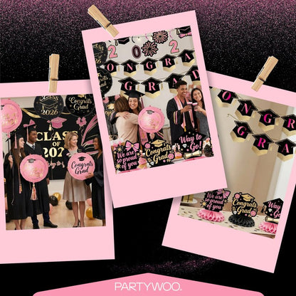 PartyWoo Graduation Decorations Class of 2026 Black Gold Pink 19pcs Grad Party Supplies with Congrats 2026 Grad Banner Hanging Swirls Foil Balloons Graduation Cap Centerpieces Party Decorations
