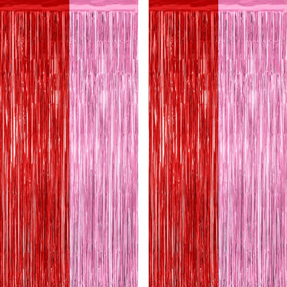 Regine Switzerland | 2 Pack Red Pink Backdrop Curtains - 3.28' x 7.05' Metallic Fringe for Parties