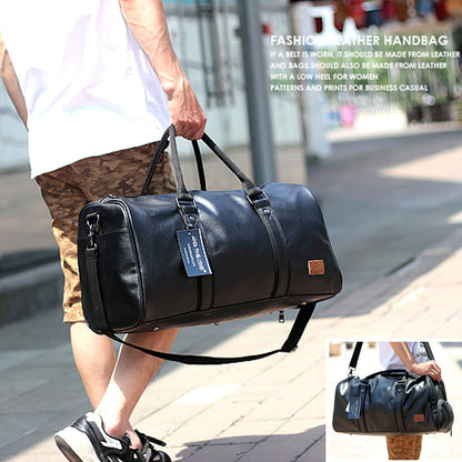 Leather Travel Bag with Shoe Pouch, Waterproof Weekender Overnight Bag, Carry On Duffel Bag for Men Women-Black