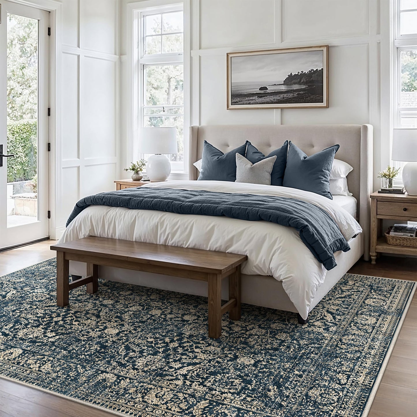 Bavni 8x10 Area Rugs for Living Room, Machine Washable Rug Lightweight Low Pile, Non Slip Boho Rugs with Rubber Backing, Floral Print Carpet for Bedroom Dinning Room, Tulip Blue