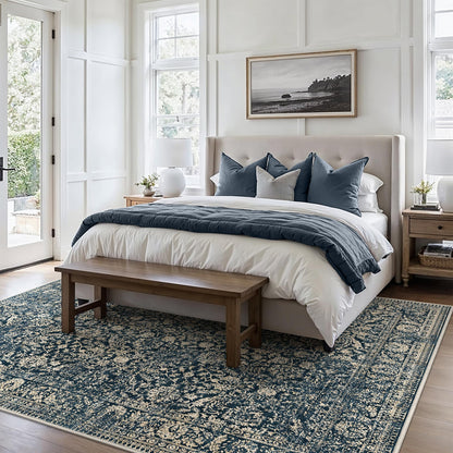 Bavni 8x10 Area Rugs for Living Room, Machine Washable Rug Lightweight Low Pile, Non Slip Boho Rugs with Rubber Backing, Floral Print Carpet for Bedroom Dinning Room, Tulip Blue