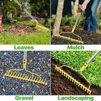 Garden Rakes for Lawns Heavy Duty, 6 FT Bow Rake for Leaves, 17-Tines Metal Rake with Stainless Steel Handle for Yard Leveling, Landscape, Loosening Soil, Yellow