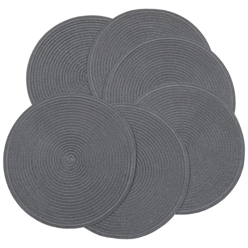 SHACOS Round Placemats Set of 6 Washable 15 inch Round Table Mats Cotton Polyester Woven Braided Place Mats for Dining Table (Charcoal Gray, 6)