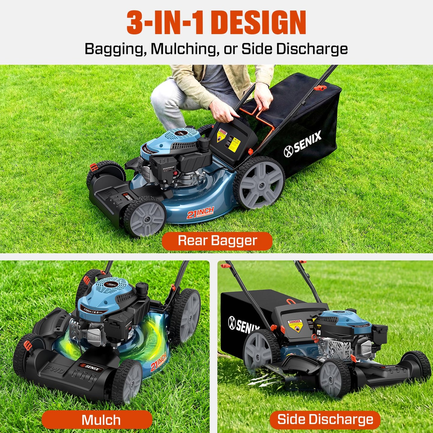 SENIX 21'' Self-Propelled Gas Lawn Mower (FWD), 170 cc 4-Cycle Engine 3.8 HP, 3-in-1 (Bagging/Mulching/Side Discharge), 6-Position Cutting Height Adjustment, 1.7 Bushels Grass Bag