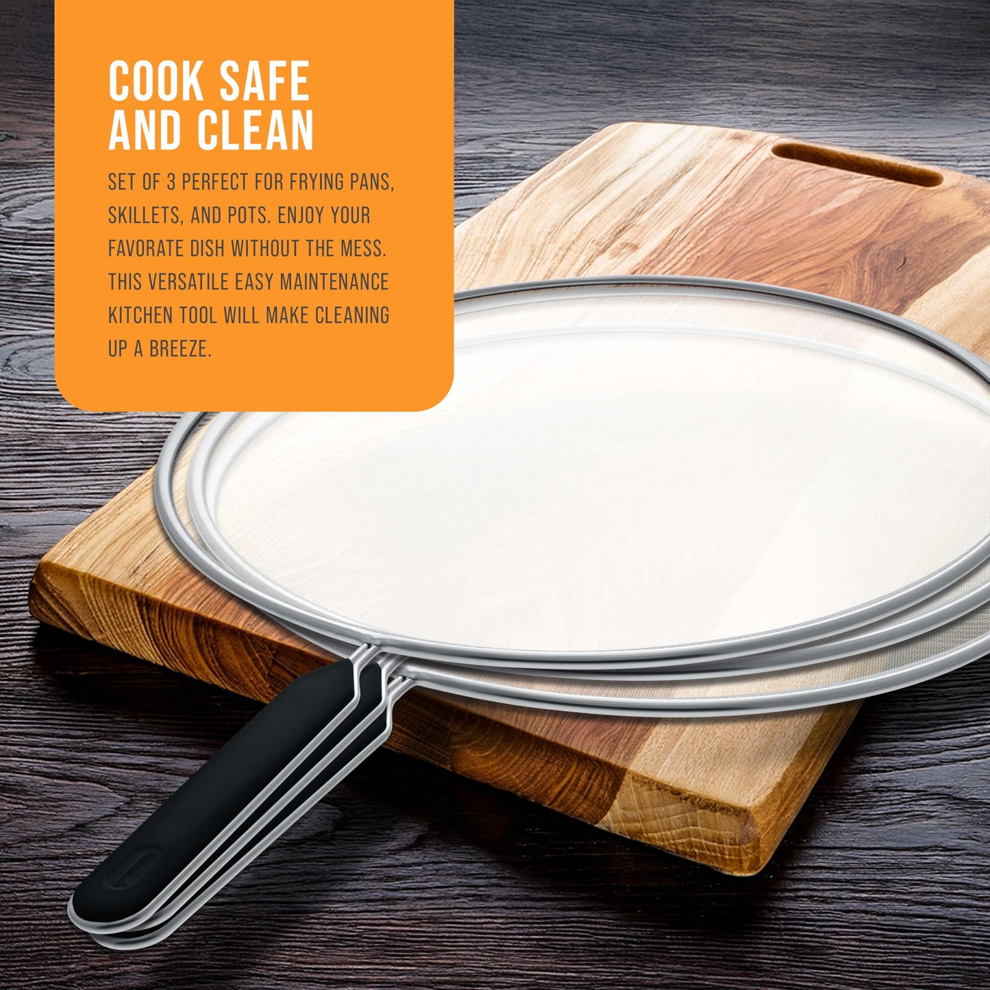 U.S. Kitchen Supply 3-Piece Stainless Steel Splatter Guard Set 13" Fine Mesh Cover, Grease & Oil, Splatter Screen for Frying Pan, Cooking Pots, with Comfort Grip Handles