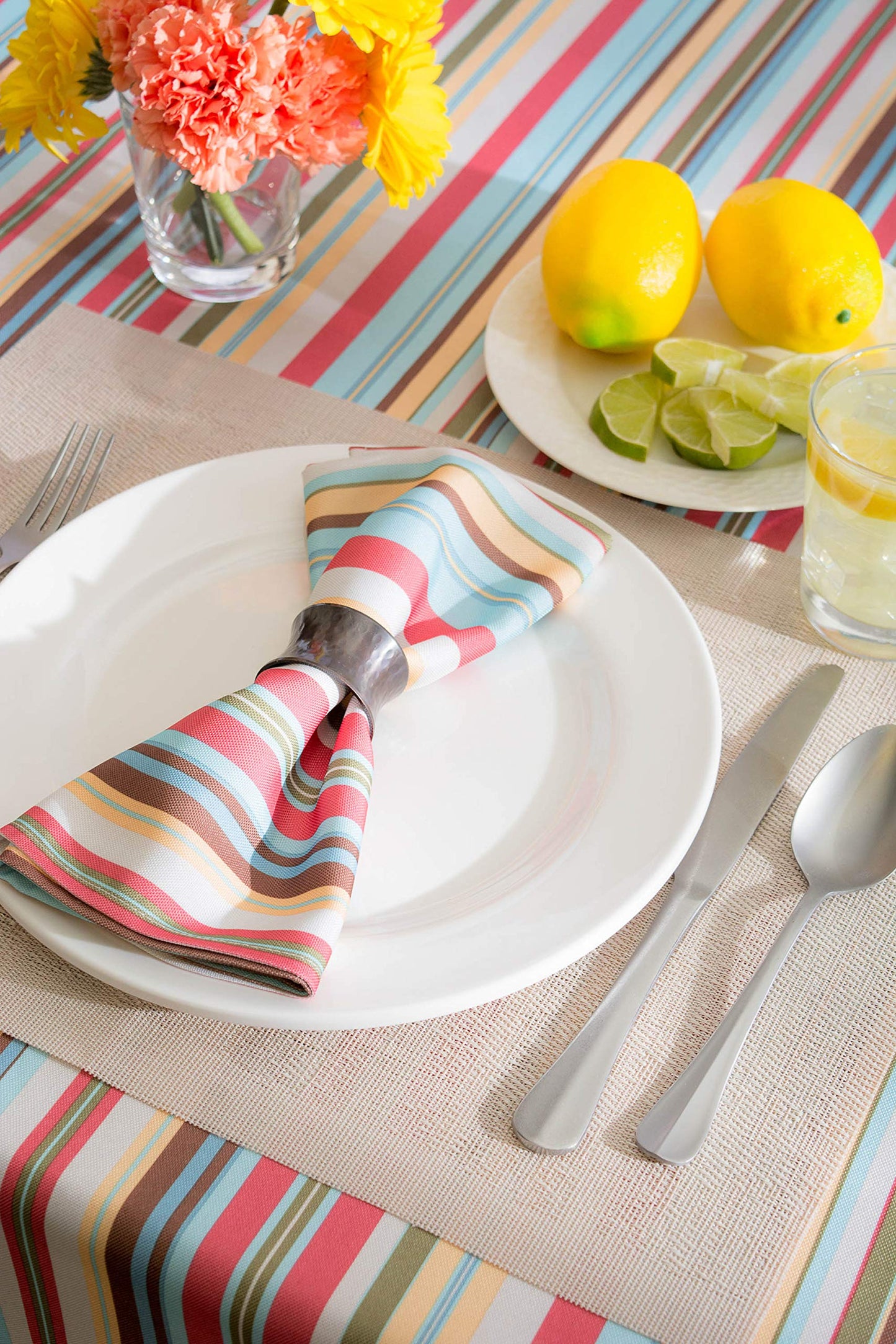 DII 100% Polyester, Spill Proof and Waterproof, Machine Washable, Tablecloth for Outdoor Use, 60x84, Warm Summer Stripe, Seats 6 to 8 People