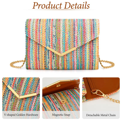 KKXIU Women Straw Envelope Clutch - Woven Handbags for Wedding Party Beach Summer, Purses for Women with Detachable Chain Shoulder Strap