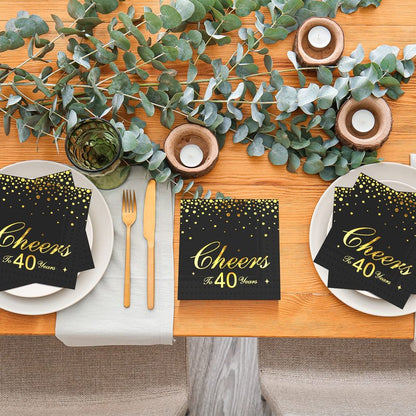 durony 60 Pieces Cheers to 40 Years Paper Napkins Black Gold Foil 3-Ply Party Napkins Folded 5 x 5 Inch Cocktail Napkins for 40th Anniversary Birthday Retirement Party Supplies Decorations