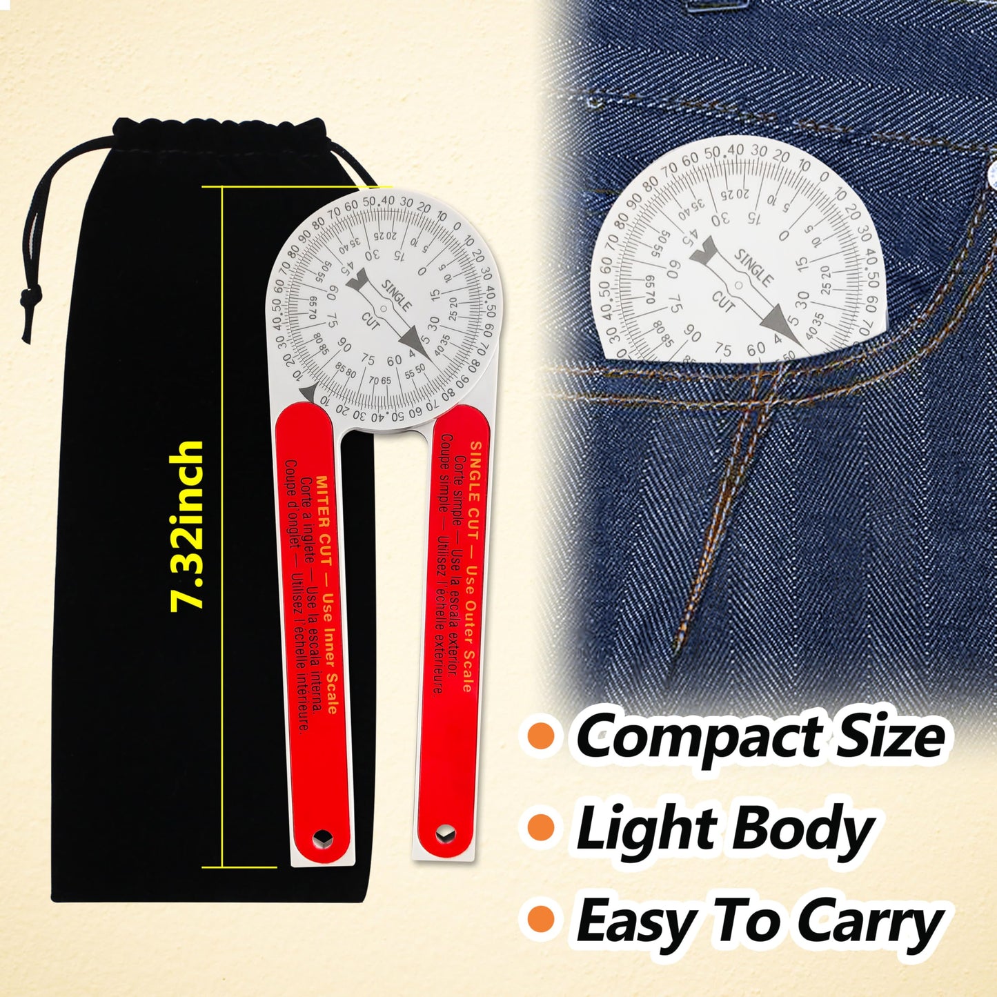 Miter Saw Protractor Replacement for #505P-7 Angle Finder Featuring Precision Laser-Inside & Outside Miter Angle Finder Protractor for All Building Trades, Plumbers, Carpenters Plastic （Red）