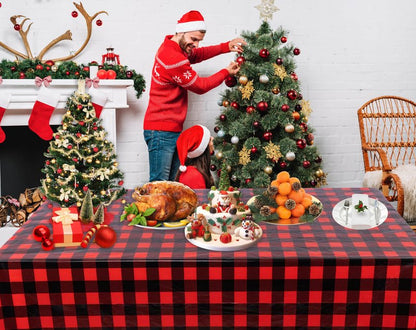 Kesfey 8 Packs Red and Black Merry Christmas Checkered Tablecloth 54 x 108 Inches Plastic Buffalo Check Plaid Table Cover Disposable Red Gingham Winter Christmas Picnic Table Cloth for Dinner Camping