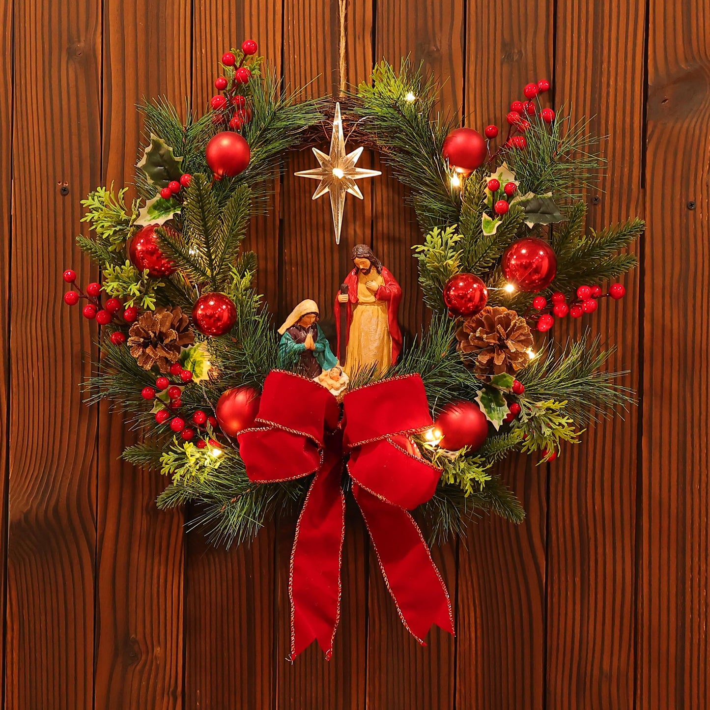 Moonet 19" Christmas Wreath with LED Lights Jesus Nativity Scene Garland for Home Hanging Ornament, Holiday Wreath with Lights for Front Door, Window, Fireplace
