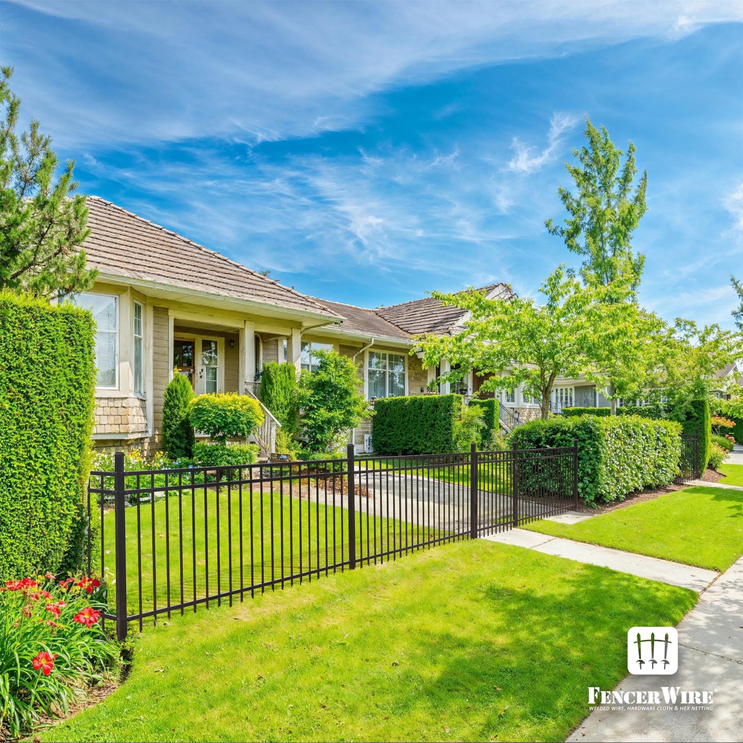 Fencer Wire 100FT Heavy Duty Flat Top Fence Barrier Kit, Anti-Rust Metal Steel Fence with 6FT Height X 6FT Width Panels, with Pinnacle Gate, Posts, Connectors, Outdoor Fencing for Yard