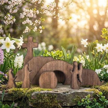 IoF Easter Decorations - Wooden Easter Decoration, He Risen Resurrection Scene Empty Tomb Chirstian Easter Decor for Home Office (Dark Wood Brown)