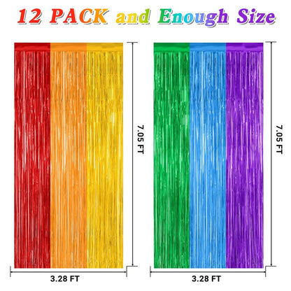 12 Pack Rainbow Backdrop, 3.28 FT x 7.05 FT Pride Decorations, Metallic Fringe Curtains Party Streamer Tinsel Backdrop, Rainbow Foil Curtains Birthday Party Decor Photo Booth Props