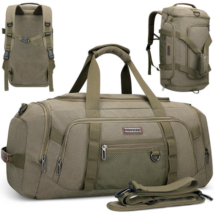 WITZMAN Canvas Duffel Bags for Men Traveling 3 in 1 Backpack Carry-on 40L Weekender Overnight Bag with Shoe Compartment(A8006/2 Army Green)