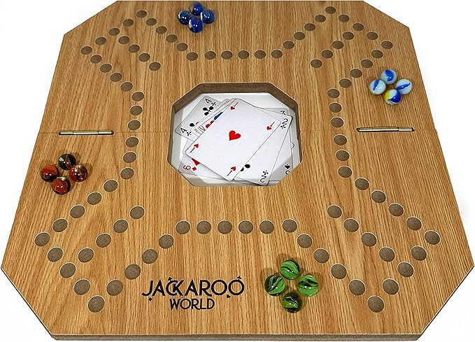 Jackaroo Board Game 2-4 Player Marble Strategy Game Solid Wooden Game with 16 Glass Marbles and 52 Cards Marbles and Jokers Board Game Marble Chase Game Foldable Board with Carry Bag (Oak)