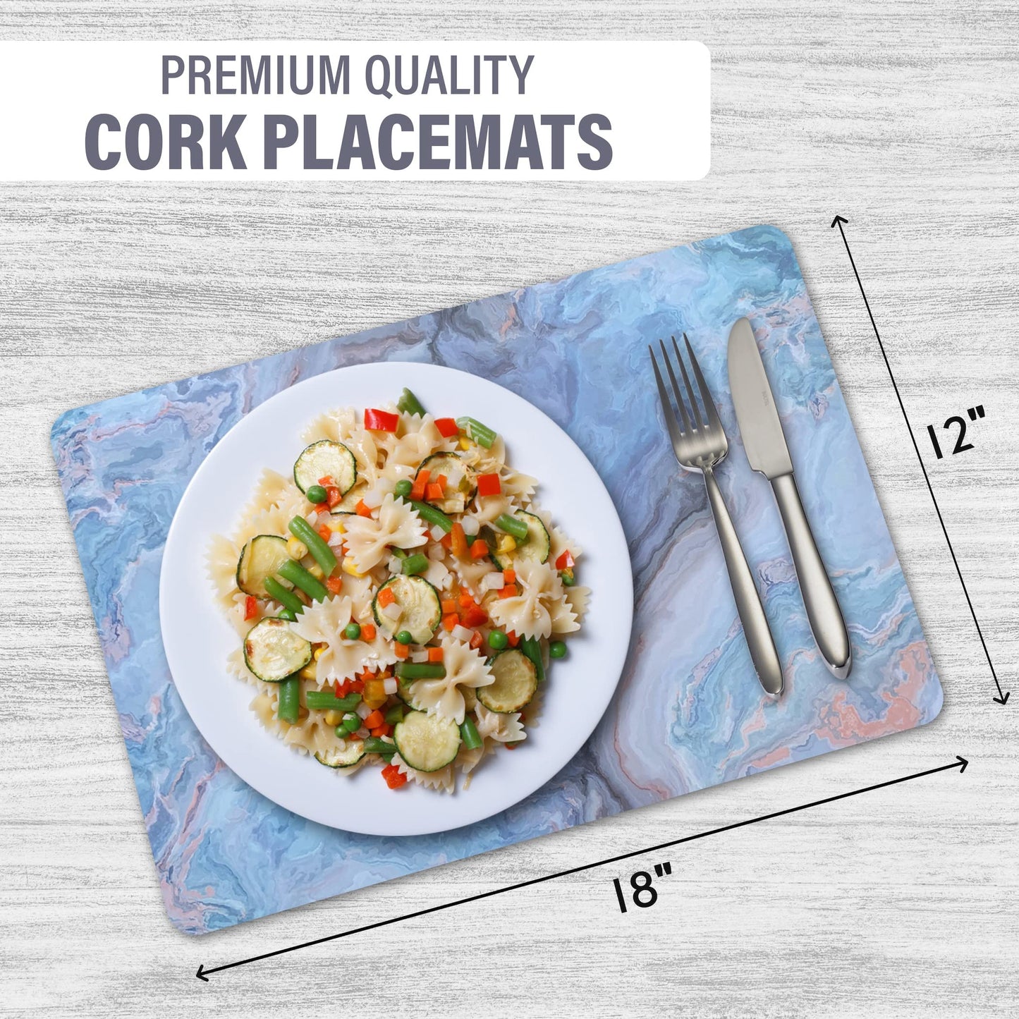 Dainty Home Navy Marble Rectangle Cork Placemats - Heat Resistant, Non-Slip, Easy Clean for Elegant Dining - 12"x18" Set of 8 - Perfect for Stylish, Modern Homes