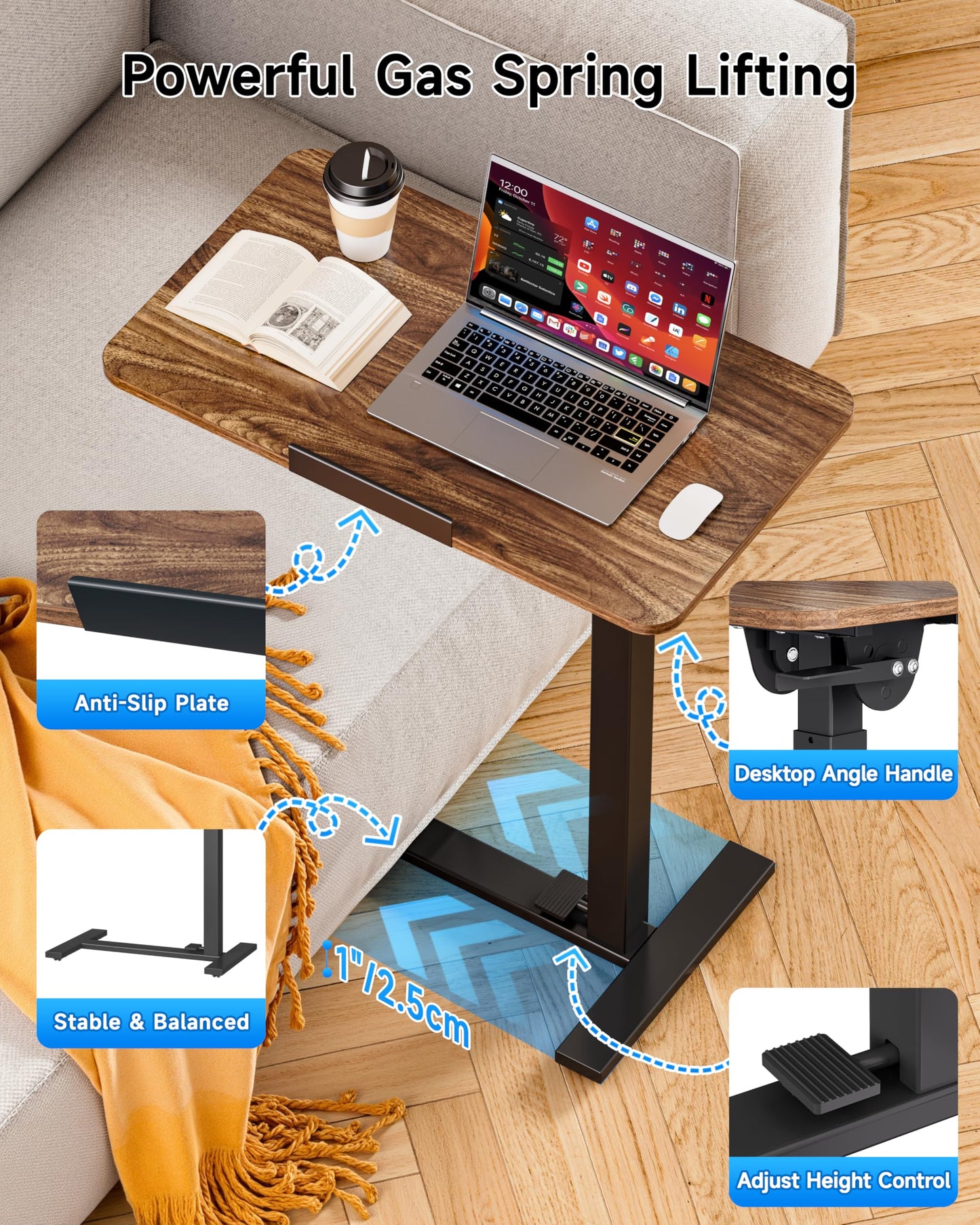 BIZUM Mobile Standing Desk Laptop Desk Pneumatic with Wheels 180° Tilt Top Hospital Bed Table Portable Rolling Cart Foldable Bedside Table for Hospital&Home Use, Walnut