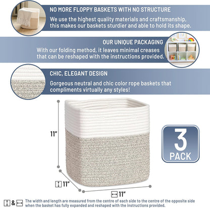 NaturalCozy Storage Cubes - 11-Inch Cotton Rope Baskets for Organizing | 3-Pack Cube Bin Set for Kids' Toys, Nursery, Closet