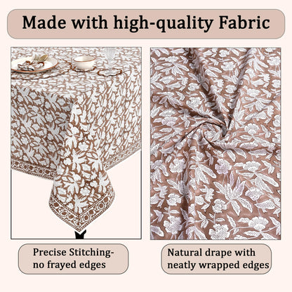 Ridhi Oak Brown Hand Block Print Cotton Rectangle Tablecloth 102" x 48" inches Reusable Table Cover Decorative Everyday Use for Dining Room, Farmhouse, Home Gift for Spring, Mother's Day