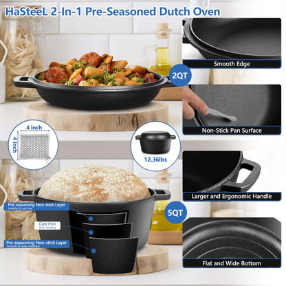 2 in 1 Enameled Cast Iron Dutch Oven, HaSteeL 5 QT Pot & 2 Quart Skillet Lid Pan, Non-Stick Cookware Multi Cooker for Bread Baking Cooking Stewing, Suit for All Cooktops, Dual Handles & Oven Safe,