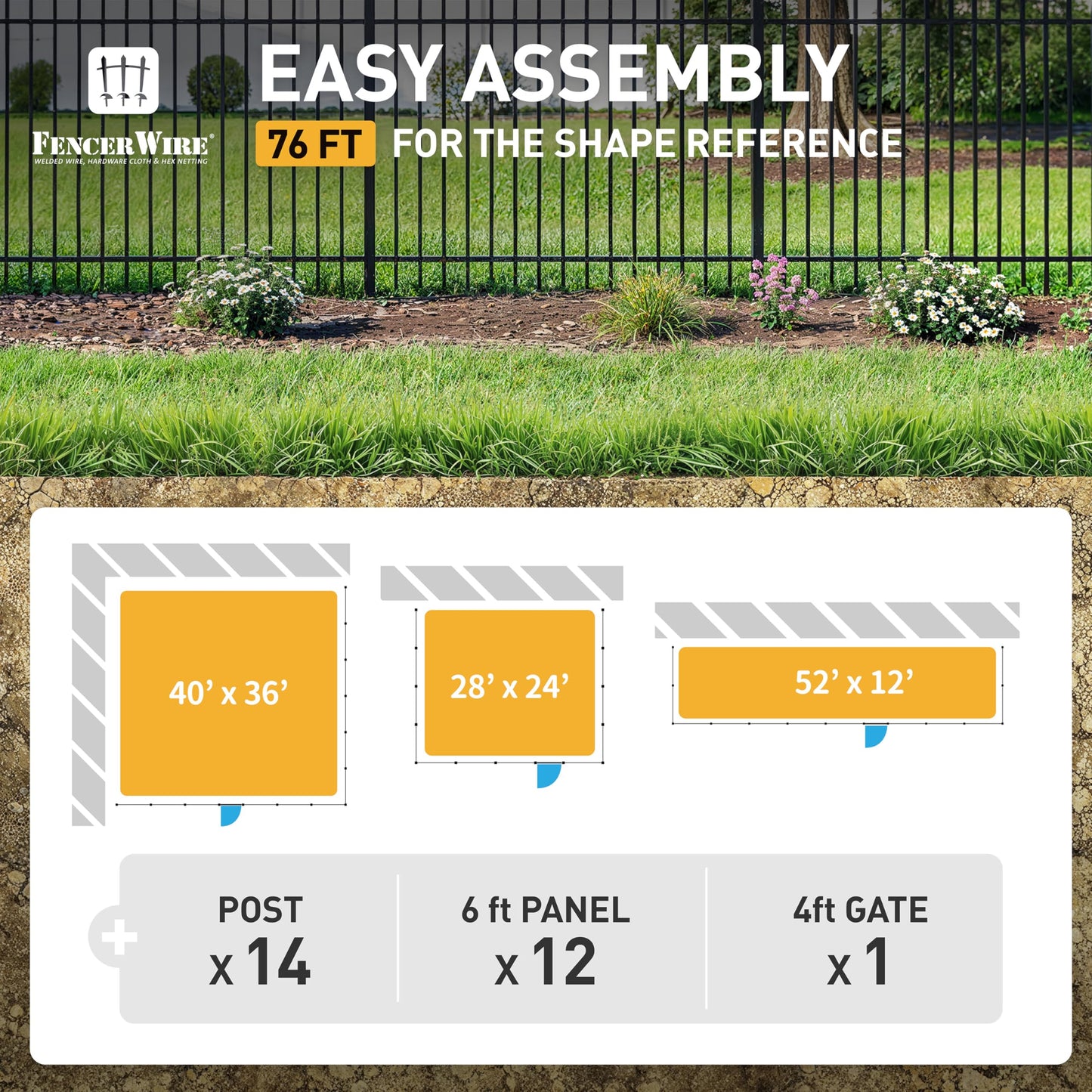 Fencer Wire 76FT Heavy Duty Pinnacle Fence Barrier Kit, Anti-Rust Metal Steel Fence with 5FT Height X 6FT Width Panels, with Flat Top Gate, Posts, Connectors, Outdoor Fencing for Yard