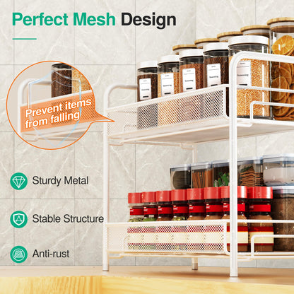 Spice Rack Organizer for Countertop,Xpatee 2-Tier Foldable Metal Rust-Proof Standing Large Seasoning Storage Shelf with Guardrail and Mesh Design for Kitchen Cabinet Bathroom Living Room Pantry, Black