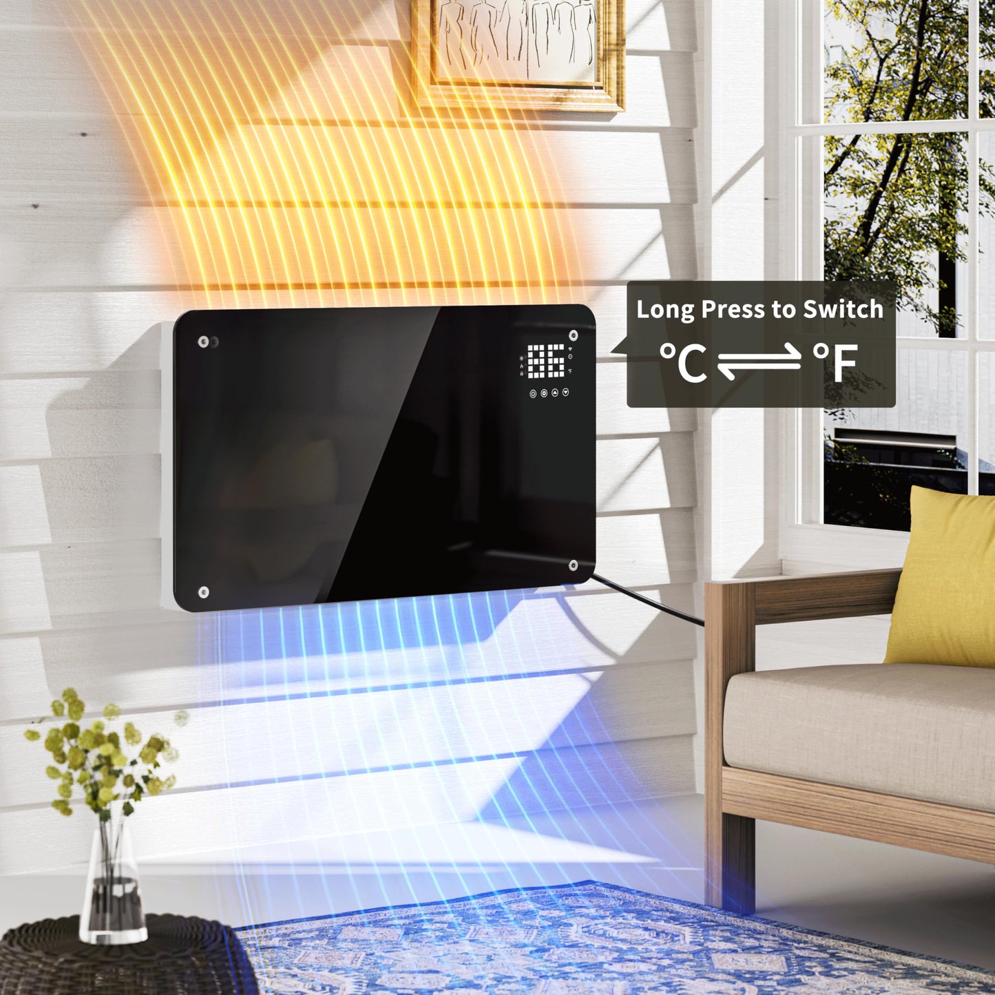 SUNDATE Convection Heater Wifi Control, Indoor Space Heater, 1500W Electric Heating with Remote Control, Digital Display, Fast Heating, 24H Timers for Living Room, Bedroom, Office (Black W/White)