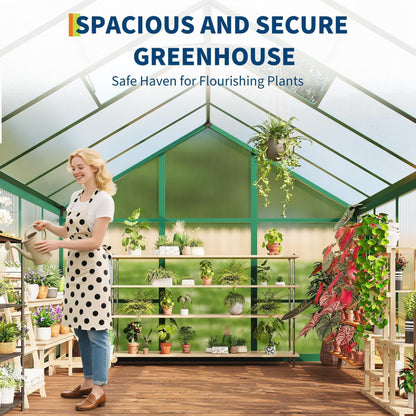 Greenhouse, 6x10 Ft Outdoor Greenhouses, Accessible Green House with Roof Vents and Sliding Doors, Aluminum Frame Polycarbonate Greenhouses, Large Greenhouse for Outdoor Gardens and Backyards, Green