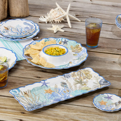 Blue Lagoon 2-Piece Melamine Appetizer Set - Coastal Blues & Coral White Chip & Dip Platter (14.5”) and Rectangular Serving Tray (19” x 8”), Perfect for Entertaining & Beach-Themed Parties