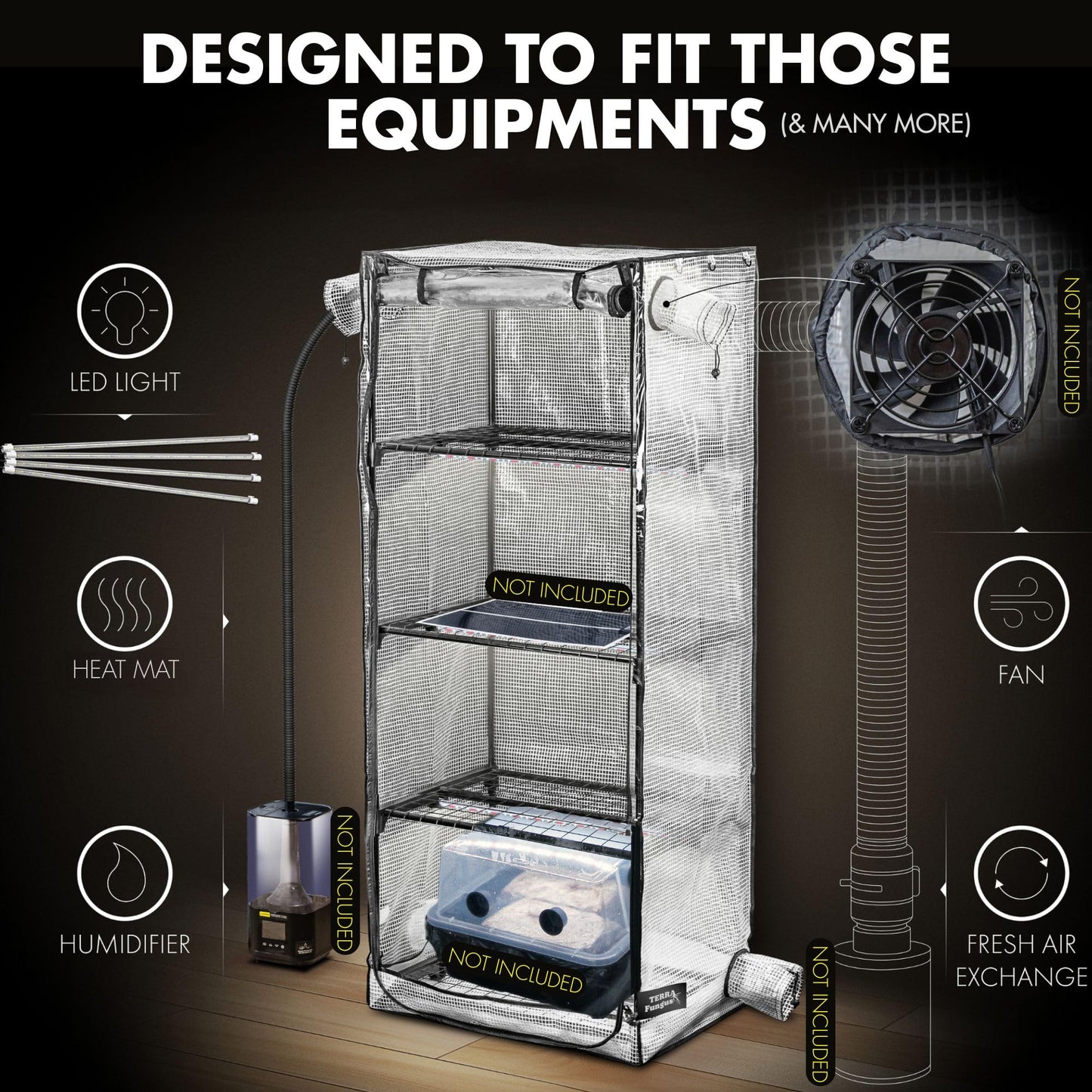 Mushroom Grow Tent with 6500K LED Light & Timer, 4-Tier Shelves Fit Up to 8 Monotubs, Mini Indoor Greenhouse with Grow Light, Waterproof Tray, 4 Vents, Martha Tent