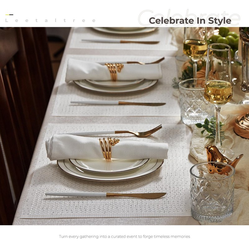 Leetaltree Sparkling Translucent White Sequin Woven Vinyl Placemats, Set of 6 - Waterproof & Washable Dining Table Mats for Wedding, Anniversary, Daily Use, Hand-Cut