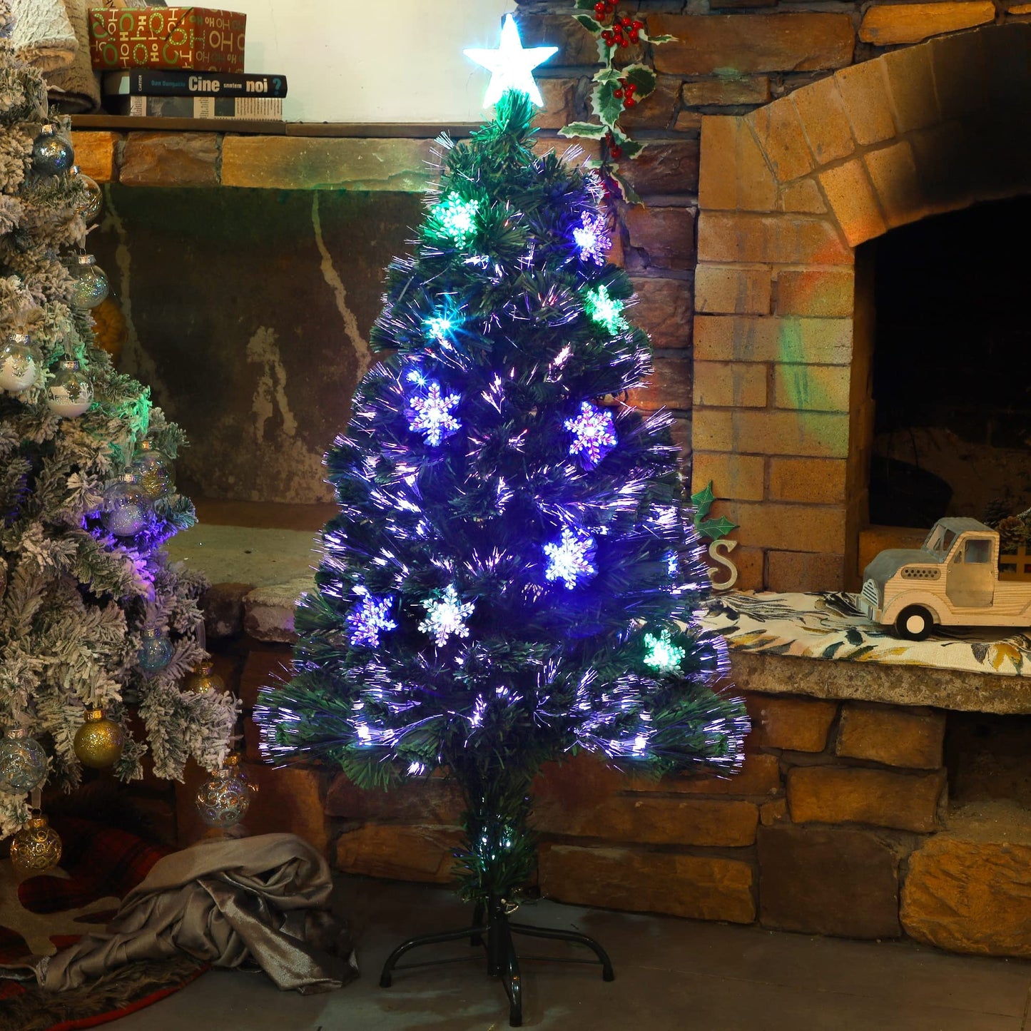 Juegoal 4 ft Pre-Lit Artificial Christmas Tree, Lighted Optical Fiber Xmas Trees with RGB Color Changing LED Lights, Snowflakes & Top Star, Festive Party Holiday Fake Multicolored Tree with Metal Legs