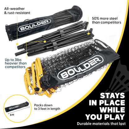 BOULDER Portable Badminton Pickleball Net - Foldable / Extendable Poles for Multiple Sports Heights (UP to 5 ft) - Ideal for Tennis, Pickleball, Soccer Tennis - Easy Setup (Black, 17 FT)