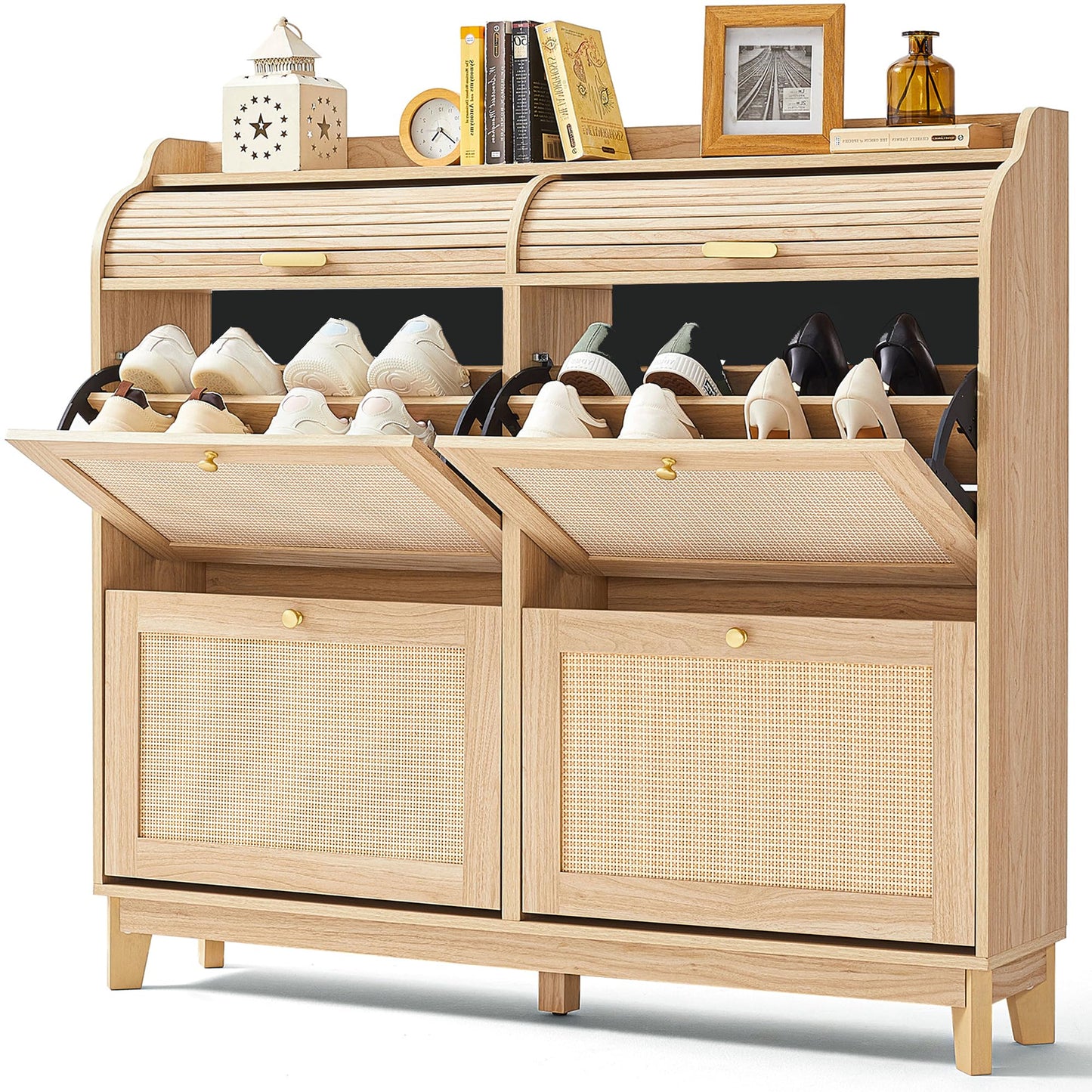 LINSY Shoe Storage Cabinet, Rattan Shoe Cabinet Wood Shoes Rack Cabinets with Sliding Tambour Door, Large Flip Drawer Shoe Cabinet Boho Hidden Shoe Storage for Entryway, Front Door, Hallway, Oak