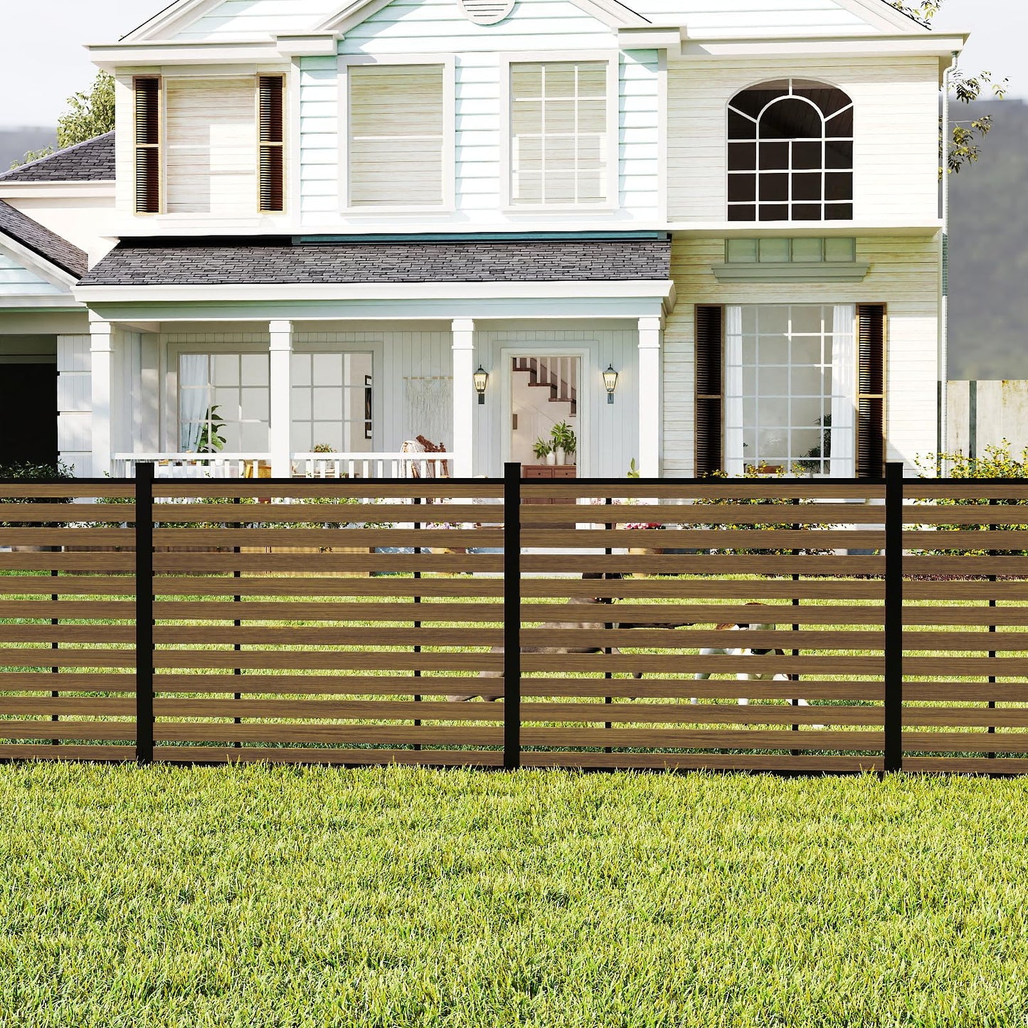 Treslam Outdoor Privacy Fence WPC, AC Unit Air Conditioner Screen 5 FT(H) x 6 FT(W) Trash Can with Aluminum Alloy Post, Decorative Fencing, Brown with 2 Post