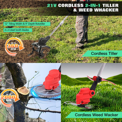 Cordless 2-in-1 Tiller & Weed Whacker Combo, 800W Brushless Motor, 12"x9" Rototiller, 8" Trimmer, 2x21v 6.0Ah Battery, Electric Weed Eater & Garden Tiller, Perfect for Lawn Care & Gardening Tools