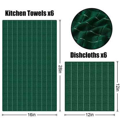 Homaxy Microfiber Kitchen Towels and Dishcloths Set, 12 Pack Soft and Absorbent Dish Hand Towels Bulk, 28 x 16 Inch & 12 x 12 Inch Quick Drying Rags for Washing Dishes, Dark Green