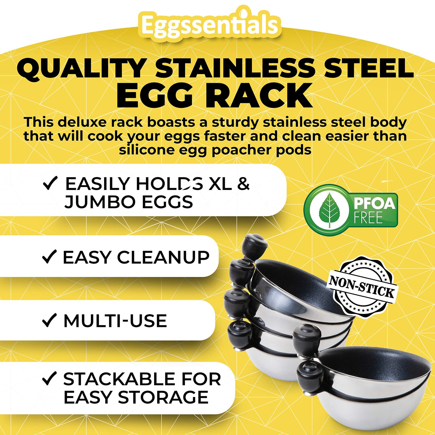 Eggssentials Egg Poacher Insert Stainless Steel Poached Egg Cooker Eggs Poaching Cup PFOA Free Egg Poachers Nonstick, 9 inches Rack, 6 Poached Cups