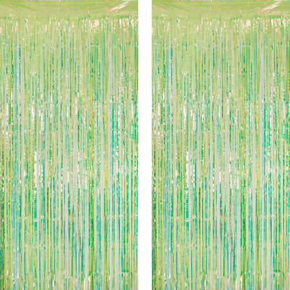 GREATRIL Iridescent Green Party Streamers Tinsel Foil Fringe Curtain for Wild Luau Dinosaur Theme Birthdays Decorations, 3.2 x 6.5 ft, 2 Pack