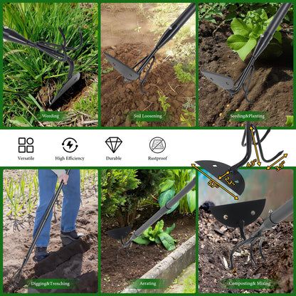 Garden Hoe - Heavy Duty 2 in 1 Hoe Garden Tool with Cultivator Claw Rake,75 Inch Long Handle Hoes for Weeding,Loosening Soil,Hand Weeder Tools for Indoor Outdoor Gardening,Planting,Cultivating,Digging