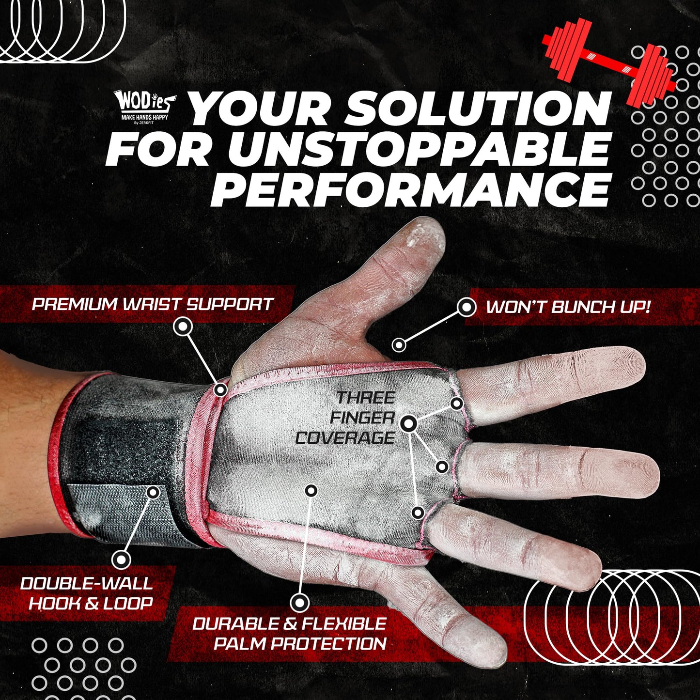 JerkFit WODies Gymnastics & Weightlifting Grips with Wrist Wraps – 3 Hole Versatile Gym Gloves for Pull Ups, Gym Training & Cross Training – Hand Grips Palm Protector for Men & Women
